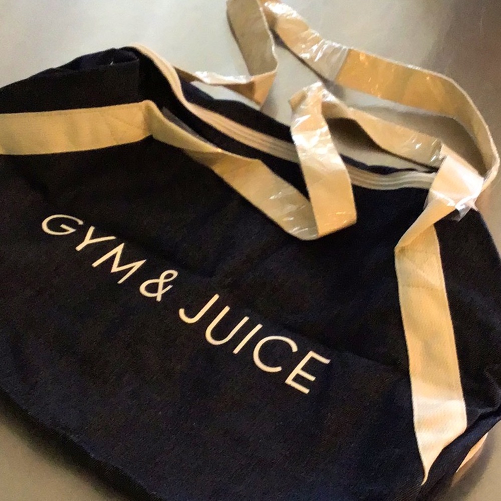 NEW! GYM & JUICE canvas duffle bag. Dark navy, top zipper and side pocket.